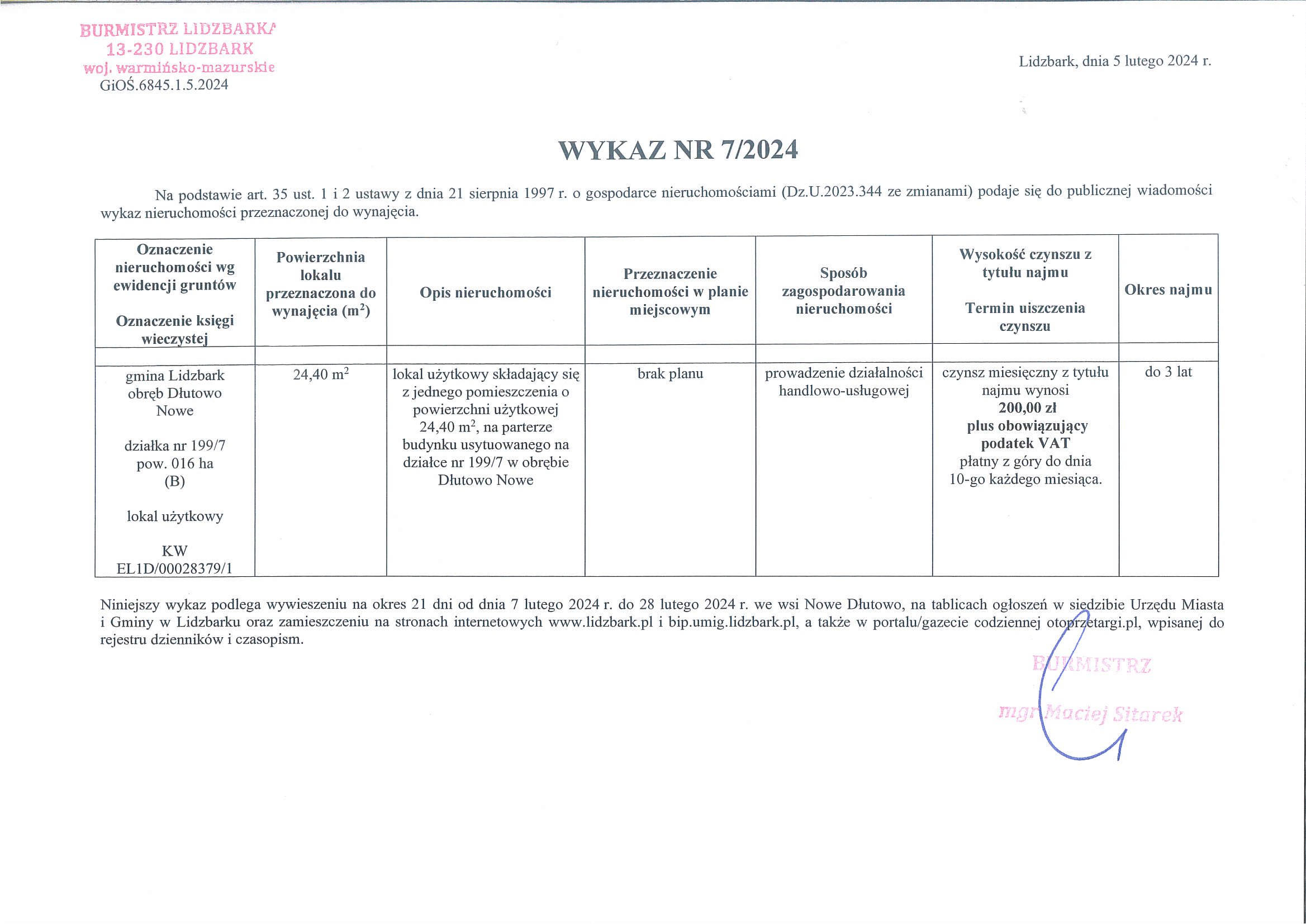 Wykaz Nr 7/2024 - Nieruchomość lokalowa do wynajęcia - obr. Dłutowo Nowe dz. nr 199/7